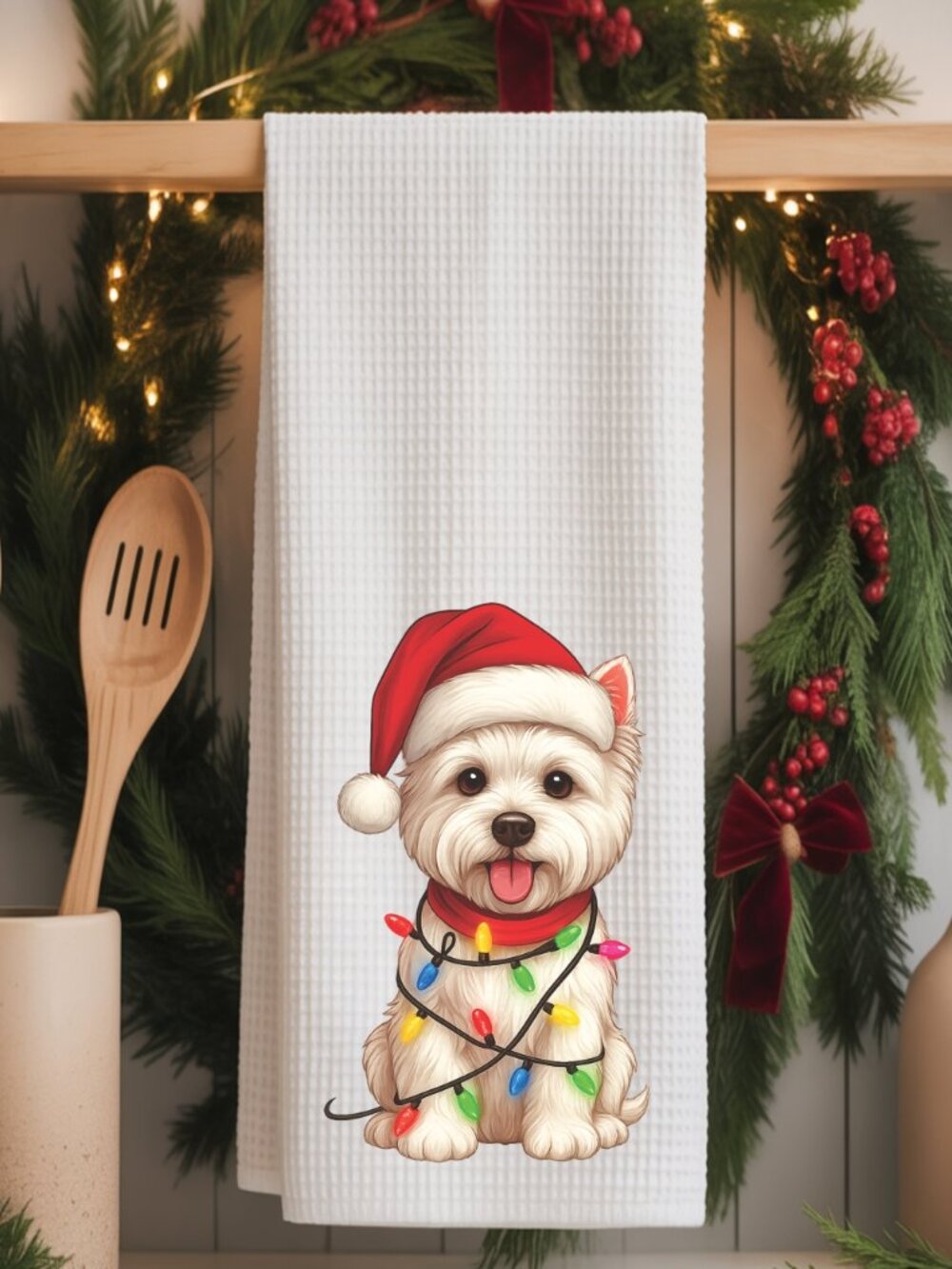 Westie Christmas Lights Decorative Kitchen Tea Towel